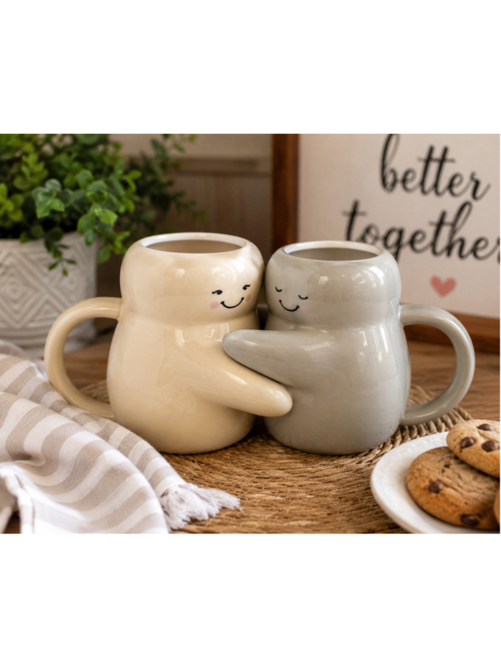 Mainstays Hugging Couple Ceramic Coffee Mug Set Gray Cream 5.5" Novelty